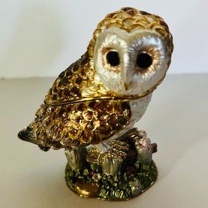 Owl Trinket Box Pewter Enameled Bejeweled crystals Magnetic Hinged Lid 3" tall